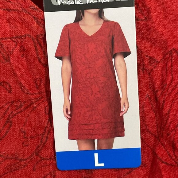 NEW  Nicole Miller Women's L Red Floral Textured Linen Blend V-Neck  Dress - Picture 6 of 10